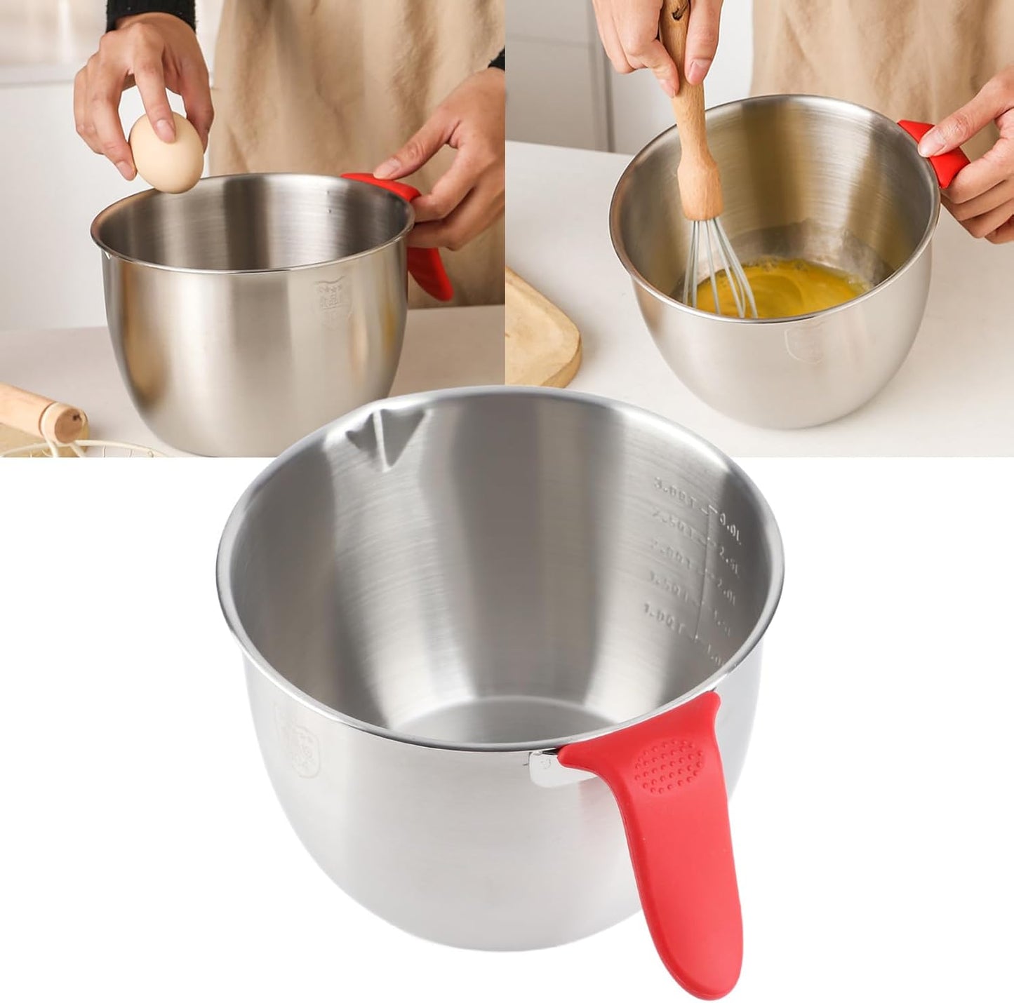 Stainless Steel Mixing Bowl, Non Slip Mixing Bowls with Handle and Pour Spout for Kitchen Egg Whisking Salad Serving Baking Cooking (3600ML)