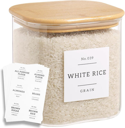 Large glass flour and sugar containers with 132 Kitchen Pantry Labels - 110 oz Glass Food Storage Containers with Airtight Lids - Square Glass Jars with Bamboo Lids for Rice, Pasta, Cookies, grain