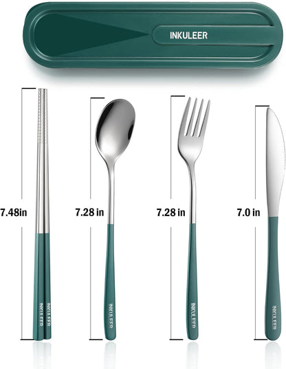 Travel cutlery set, 18/8 stainless steel cutlery, Reusable utensils set with case, Portable Silverware Lunch Box for Camping and Office (Green/knife set)