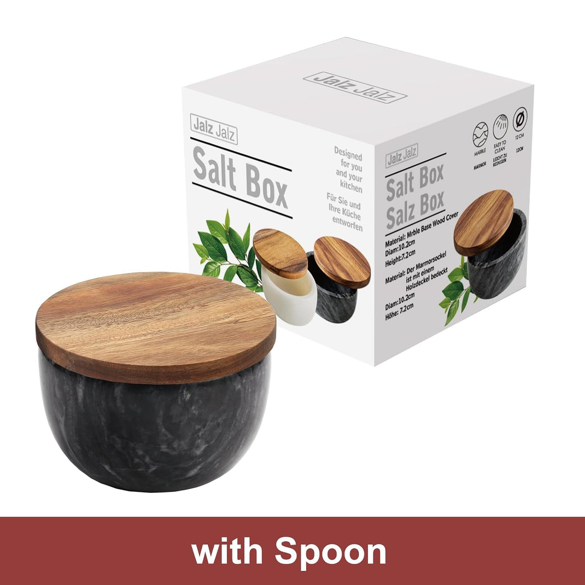 jalz jalz Acacia Wood Salt Cellar with white Marble Lid, 10oz Pinch Pot & Spoon