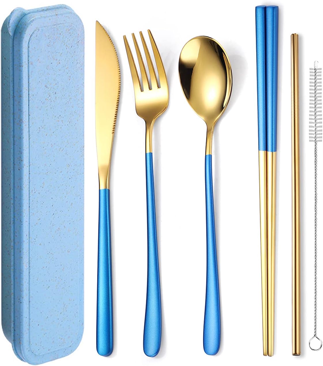 AARAINBOW 6 Pieces 18/8 Stainless Steel Flatware Set Portable Reusable Cutlery Set Travel Utensils Set Including Chopsticks Knife Fork Spoon Straws Cleaning Brush Dishwasher Safe (Green golden)