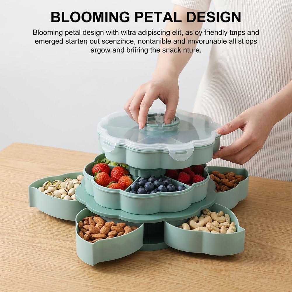 Divided Serving Tray that Spins, Rotating Snack Box Container with Lid for Snacks, Cake, Fruit, Veggie, Dips & Party Appetizers, Lazy Susan Snackle Box Container (Double Layer)