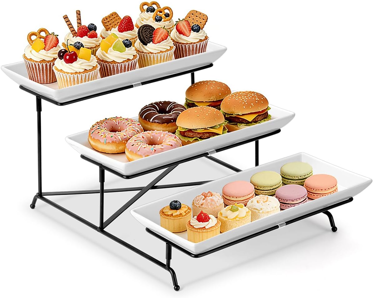 Yedio 3 Tier Serving Trays for Party, Porcelain Serving Platters and Trays, 12 Inch Tiered Tray Stand, Fruit Tray, Trays for Serving Food, White Dessert Stand with Collapsible Sturdier Metal Rack
