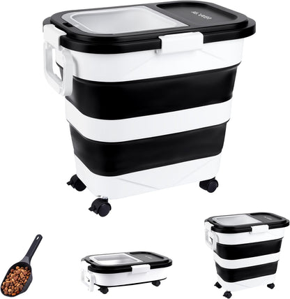 Dog Food Storage Container 20-25lbs, Airtight Pet Food Bin with Locking Lid & Clear Window, Collapsible Rolling Storage Container with Wheels and Scoop, Black