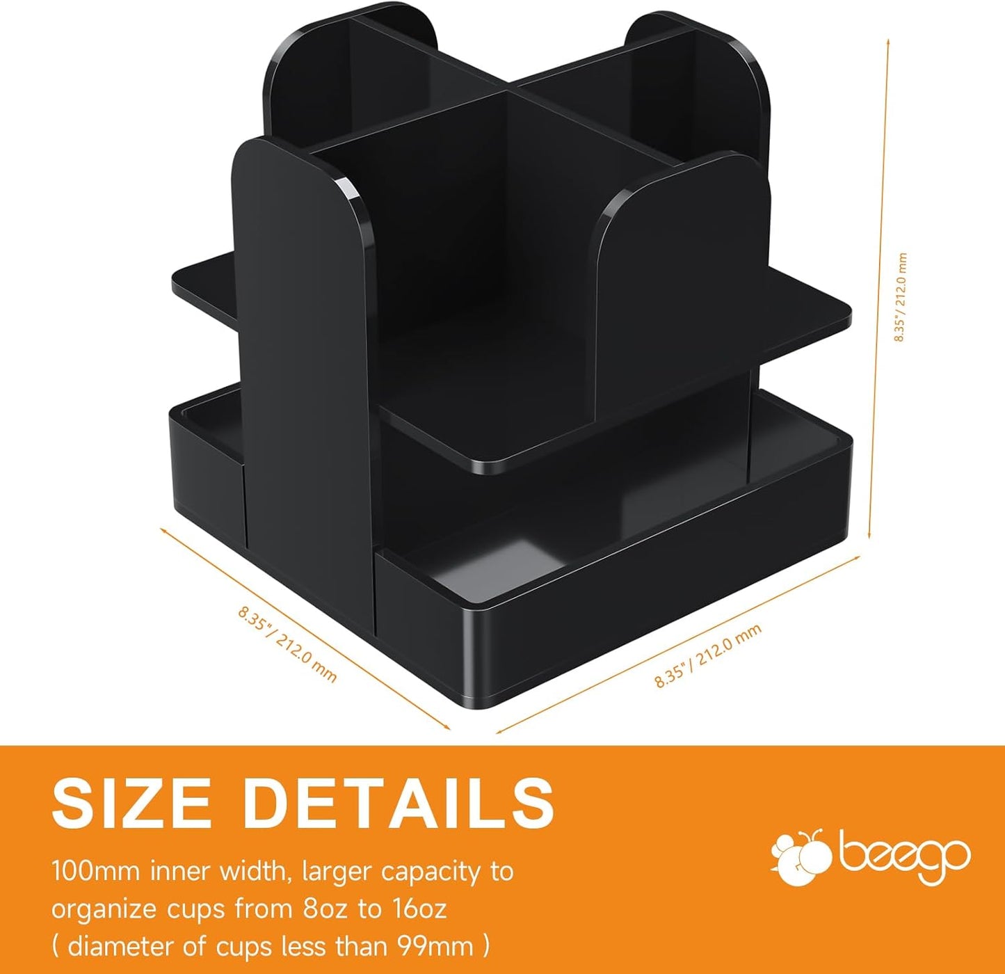 Beego Rotatable 4-Compartment Acrylic Cup Dispenser - Coffee Station Cup and Lid Carousel Countertop Plastic Cup Holder for Restaurant Breakroom Coffee Bar