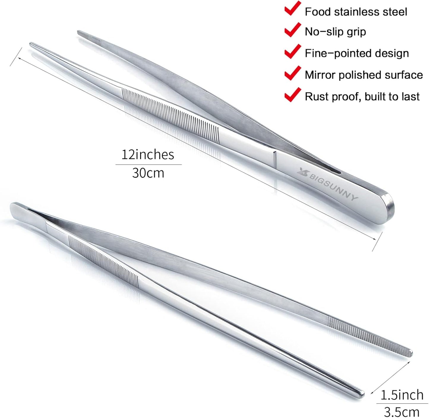 Set of 3 Kitchen Tweezers Fine Tweezer Tongs, MSY BIGSUNNY Stainless Steel Food Tweezers, Precision Serrated Tips Food Tongs (8.5" 10" and 12")