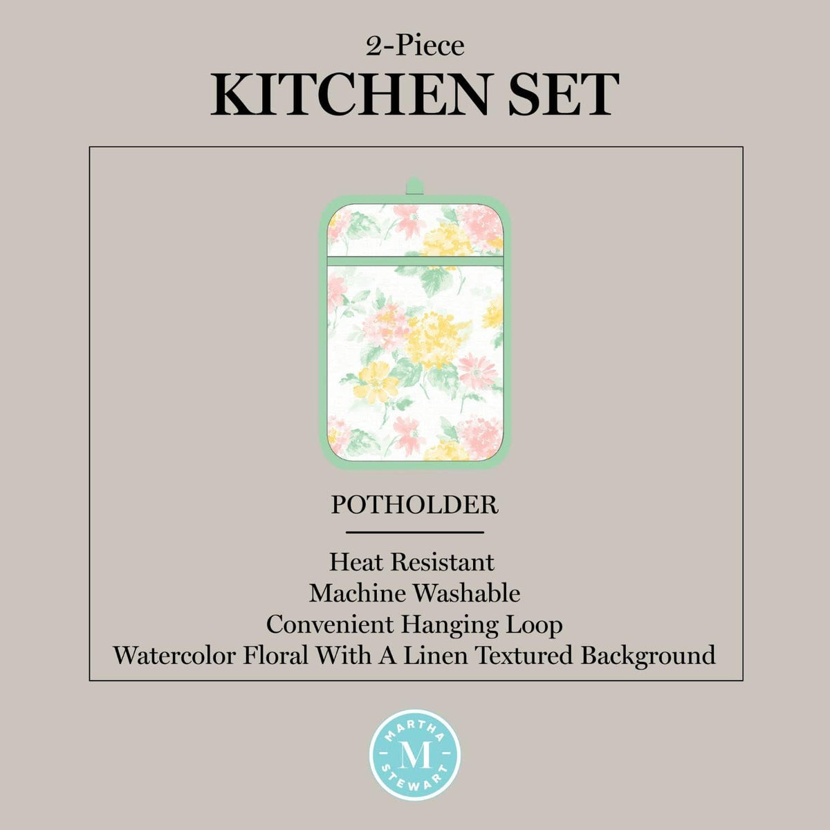 Martha Stewart Amber Floral Oven Mitt & Pot Holder Set 2-Pack, Blue/Green, OM: 7"x13" & PH: 7"x10"