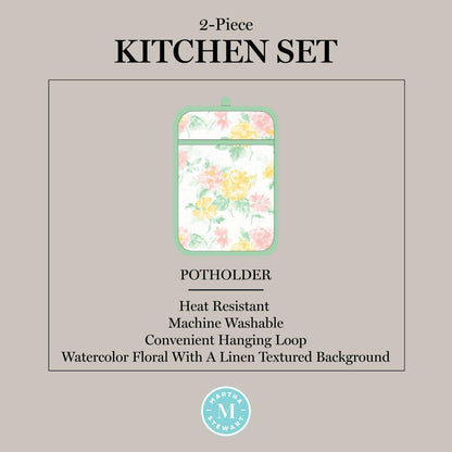 Martha Stewart Amber Floral Oven Mitt & Pot Holder Set 2-Pack, Blue/Green, OM: 7"x13" & PH: 7"x10"
