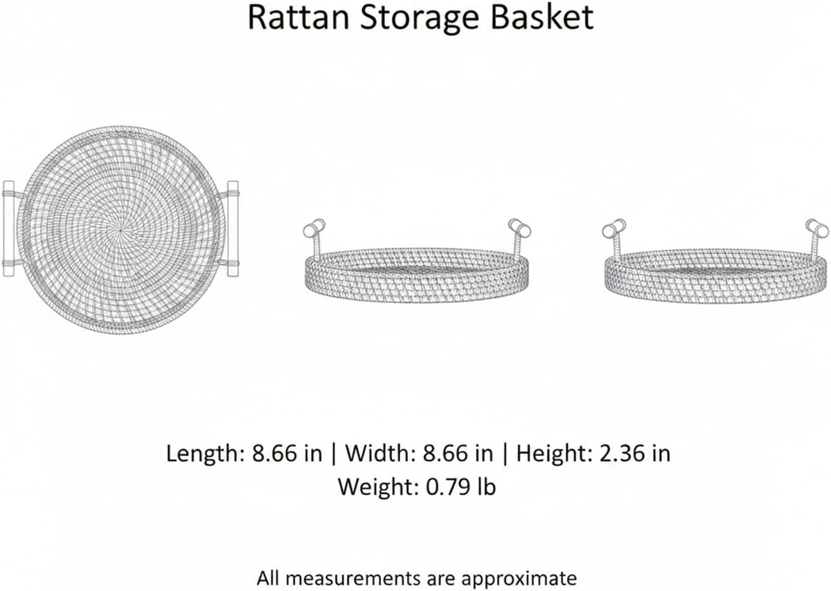 Hand Woven Rattan Basket with Wooden Handle, Natural Open Weave Storage Bin for Countertop Organization, Produce, and Snacks