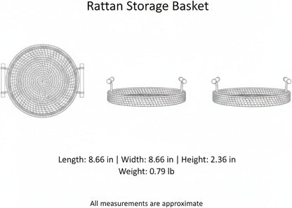Hand Woven Rattan Basket with Wooden Handle, Natural Open Weave Storage Bin for Countertop Organization, Produce, and Snacks