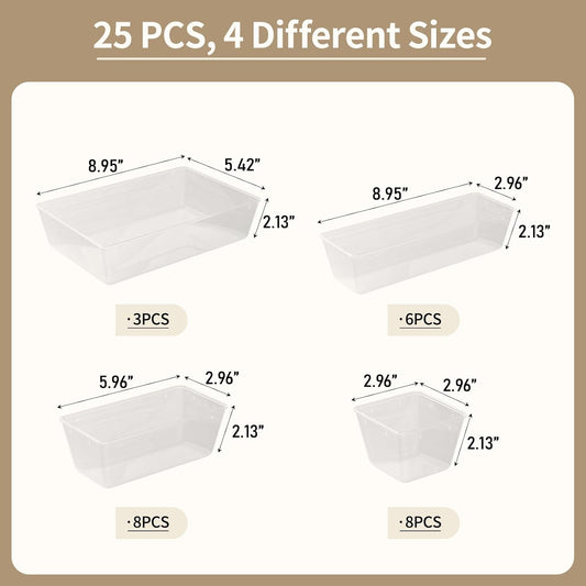 Yanosaku 25 PCS Clear Plastic Drawer Organizer Set, 4 Sizes Vanity Organizers, Desk Drawer Divider Organizers and Storage Bins for Makeup, Jewelry, Gadgets for Kitchen, Bathroom, Office