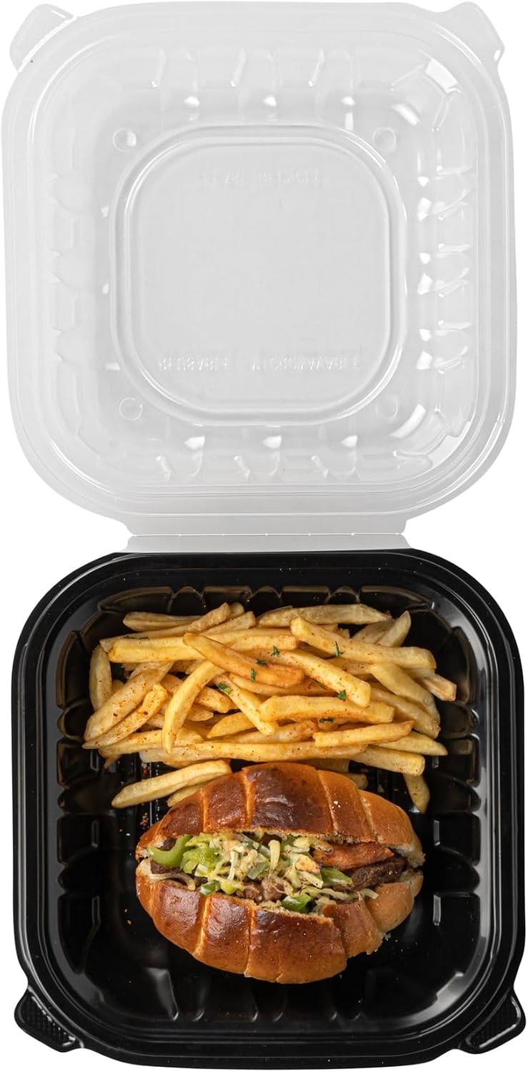 Thermo Tek 40 Ounce Clamshell Containers, 50 Disposable Take Out Boxes - 3 Compartments, Ventilated Lids, Black Plastic Meal Prep Containers, Microwavable, For Pasta Or Salads - Restaurantware