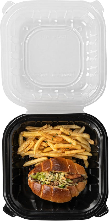 Thermo Tek 40 Ounce Clamshell Containers, 50 Disposable Take Out Boxes - 3 Compartments, Ventilated Lids, Black Plastic Meal Prep Containers, Microwavable, For Pasta Or Salads - Restaurantware