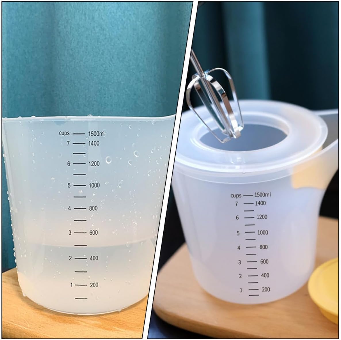 Measuring Cup with Handle and Lid 1.5l Kitchen Baking Mixing Bowl with Scale Splash-proof Multifunctional Egg Beater Cup for Liquid and Batter Measurement