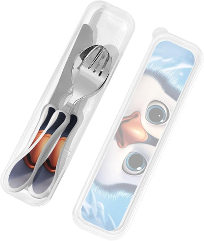 3-Piece Kids Silverware Set With Storage Case, Stainless Steel Reusable Children Safe Knife Spoon Fork Set Cartoon Cute Penguin Children Flatware Set For Kids Lunch Box