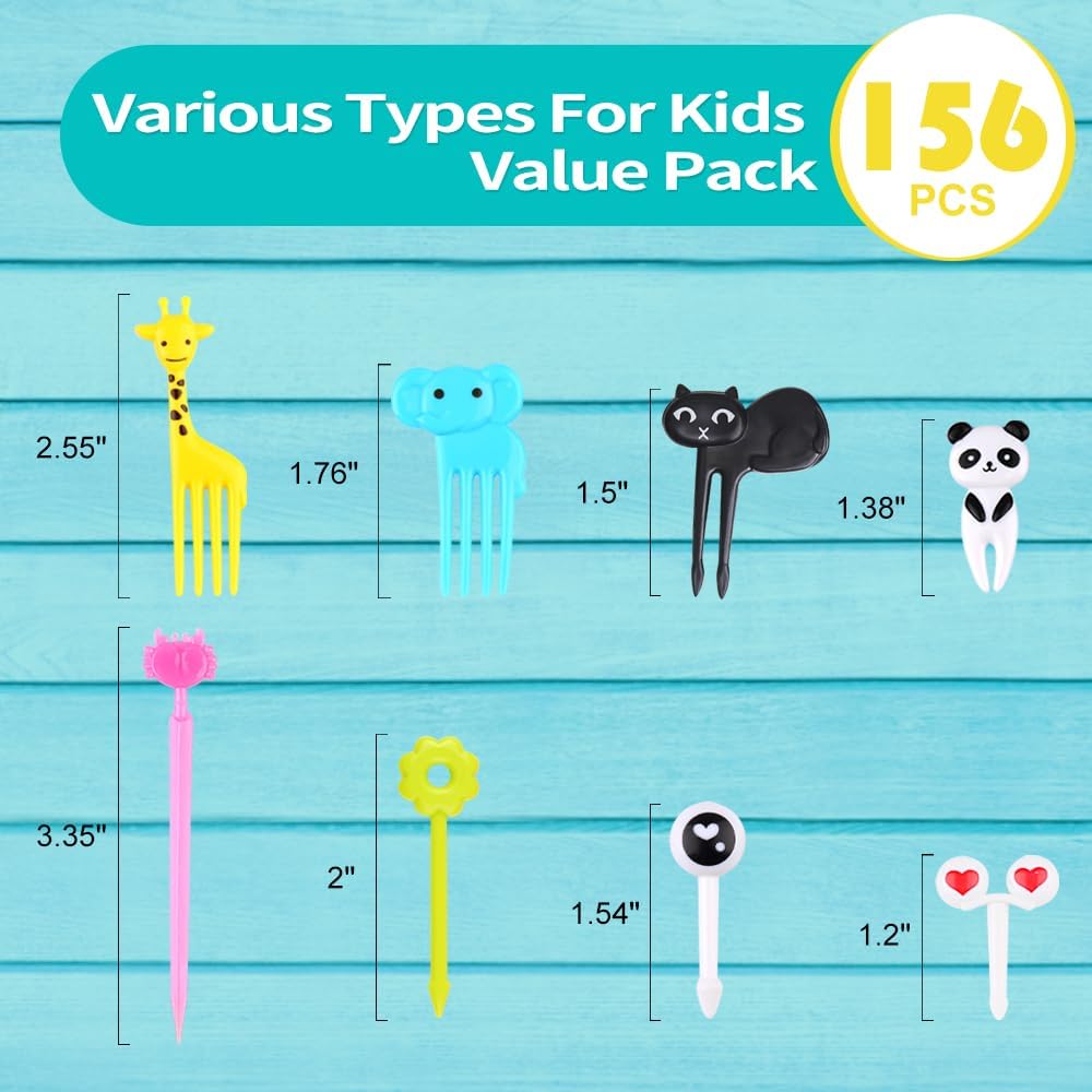 156PCS Animal Food Picks for Kids Bento Box Accessories, FATLODA Fun Kid Food Picks, Cute Fruit Toothpicks for Kids Lunch Accessories, Reusable Lunchbox Pick for Kid Toddler