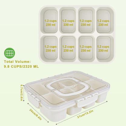 Caperci Snackle Box Container - Large 8 Compartments Divided Serving Tray with Lid & Handle, Portable Snack Box Tray for Travel Picnic, Dishwasher Safe, BPA-Free (Hold 10 Cups/2400ML)