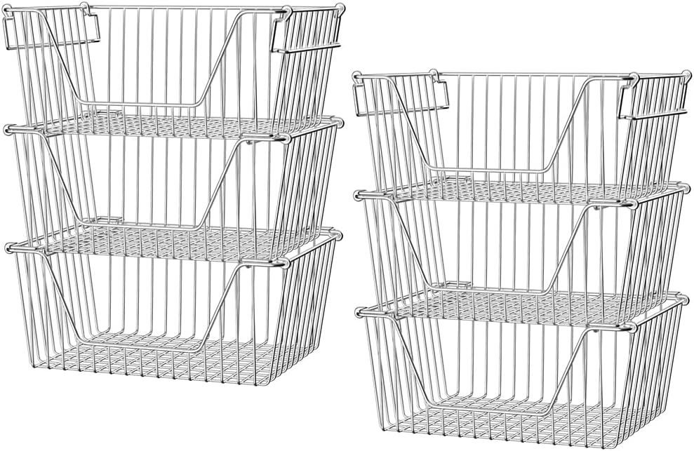Slideep Wire Storage Baskets, Freezer Baskets Farmhouse Stackable Organizer Storage Bins Large Organizer for Storage, Office, Bathroom, Pantry Organization Storage with Handles 14" Black -Set of 3