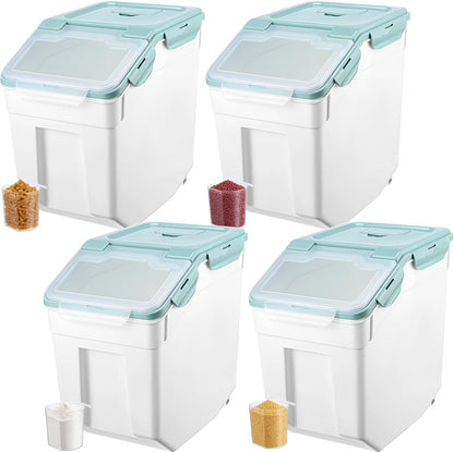 Sunnyray 4 Pcs 55 lbs Grain Rice Storage Container Flour Bin with Wheels Cup Leak Proof Pet Food Storage Boxes Seal Locking Lid Plastic Rice Containers Set for Cereal Flour Cat Dog Food (Green)
