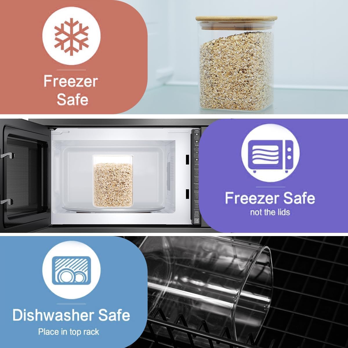 2 Pack large Square Glass Flour and Sugar Containers with 132 Kitchen Pantry Labels - 149 floz & 71 floz - Glass Jars with Airtight Bamboo Lid - Glass Rice Canisters for Coffee, Pasta, Cookie, Cereal