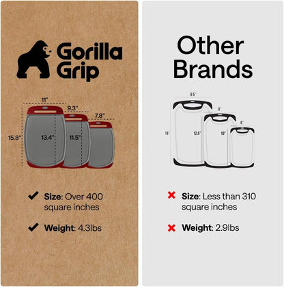 GORILLA GRIP BPA-Free Reversible Kitchen Cutting Board Set of 3, US Designed, Nonporous, Juice Grooves Catch Liquid, Slip Resistant Border, Dishwasher Safe, Durable Large Food Chopping Boards, Black