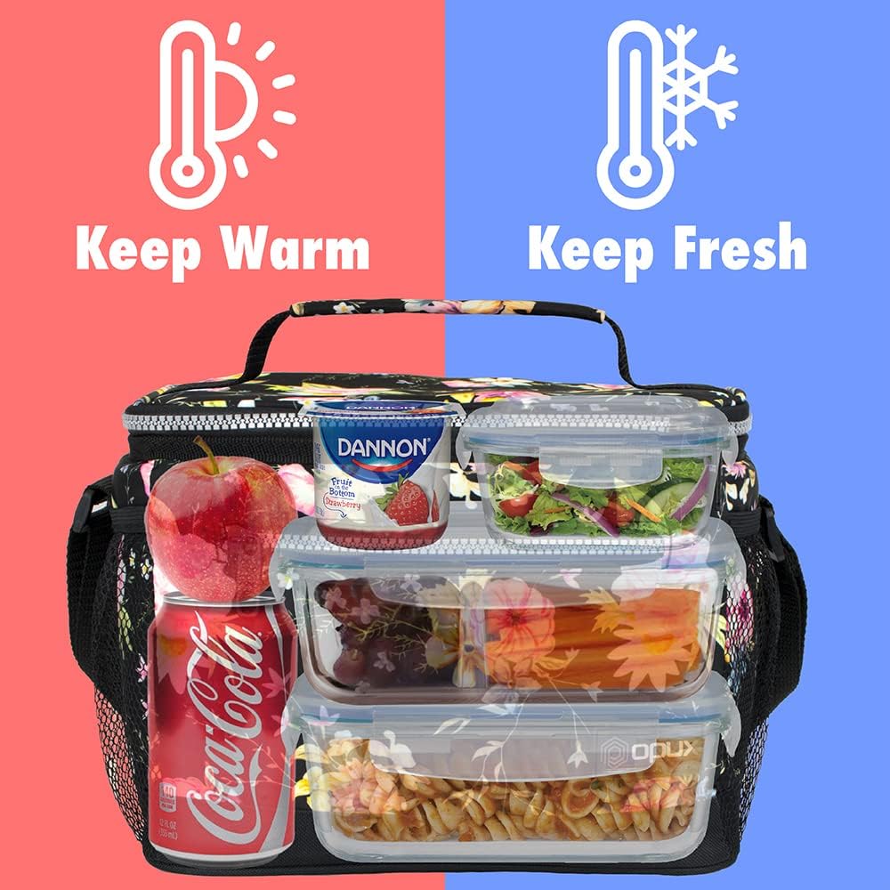 opux Insulated Lunch Box Men Women, Lunch Bag for Work School, Leakproof Soft Cooler Tote Adult, Large Lunch Pail Kids Boys Girls, Picnic Beach Food Bag with Shoulder Strap, Purple Floral