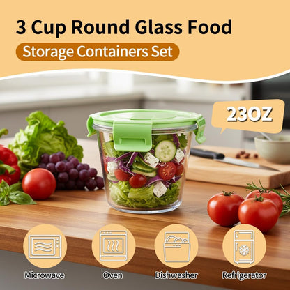 Small Round Glass Food Storage Containers with Lids, 1.5 Cup Round Food Containers set BPA-Free, 12oz Glass Lunch Bowls for Soup Leftover, Microwave, Dishwasher and Freezer Safe (4pack)