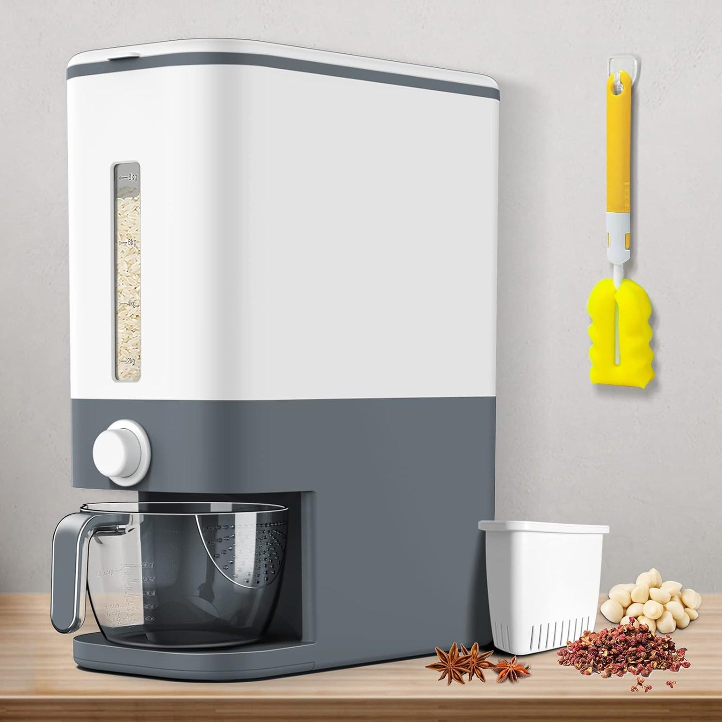 Rice Dispenser,22Lbs-25Lbs Rice Container with Measuring Cup, Upgraded Lid Time Dials & Built-in Fresh Box Rice Container Storage for Home Kitchen Pantry Stores Rice - White Capacity 22Lbs-25Lbs