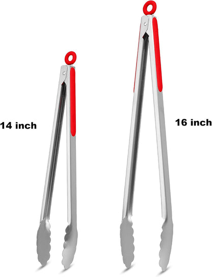 304 Stainless Steel Kitchen Cooking Tongs, 9" and 12" Set of 2 Sturdy Grilling Barbeque Brushed Locking Food Tongs with Ergonomic Grip, Black