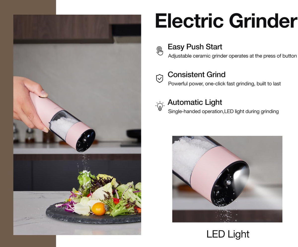 Stainless Steel Rechargeable Electric Salt and Pepper Grinder Set – USB Charging, One-Hand Electric Mill, Adjustable Coarseness, LED Light & Dust Cover –2pack(Greige & Buttercream)