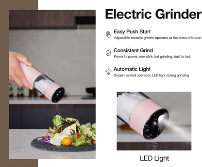 Stainless Steel Rechargeable Electric Salt and Pepper Grinder Set – USB Charging, One-Hand Electric Mill, Adjustable Coarseness, LED Light & Dust Cover –2pack(Greige & Buttercream)
