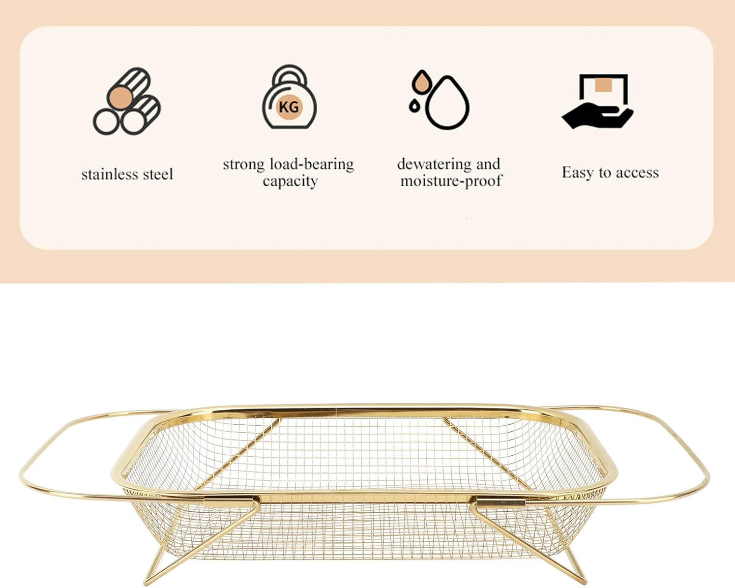 Over The Sink Colander, Expandable Stainless Steel with Fine Mesh Strainer Basket Vegetable Fruit Wash Basket with Handles for Kitchen Sink, Home Kitchen Essentials (Gold)