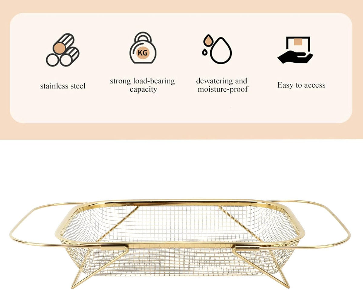 Over The Sink Colander, Rectangle Stainless Steel Over The Sink Strainer Basket For Kitchen Sink with Handles Fine Mesh Expandable Handy Kitchen Tool Kitchen Essentials (Rose Gold)