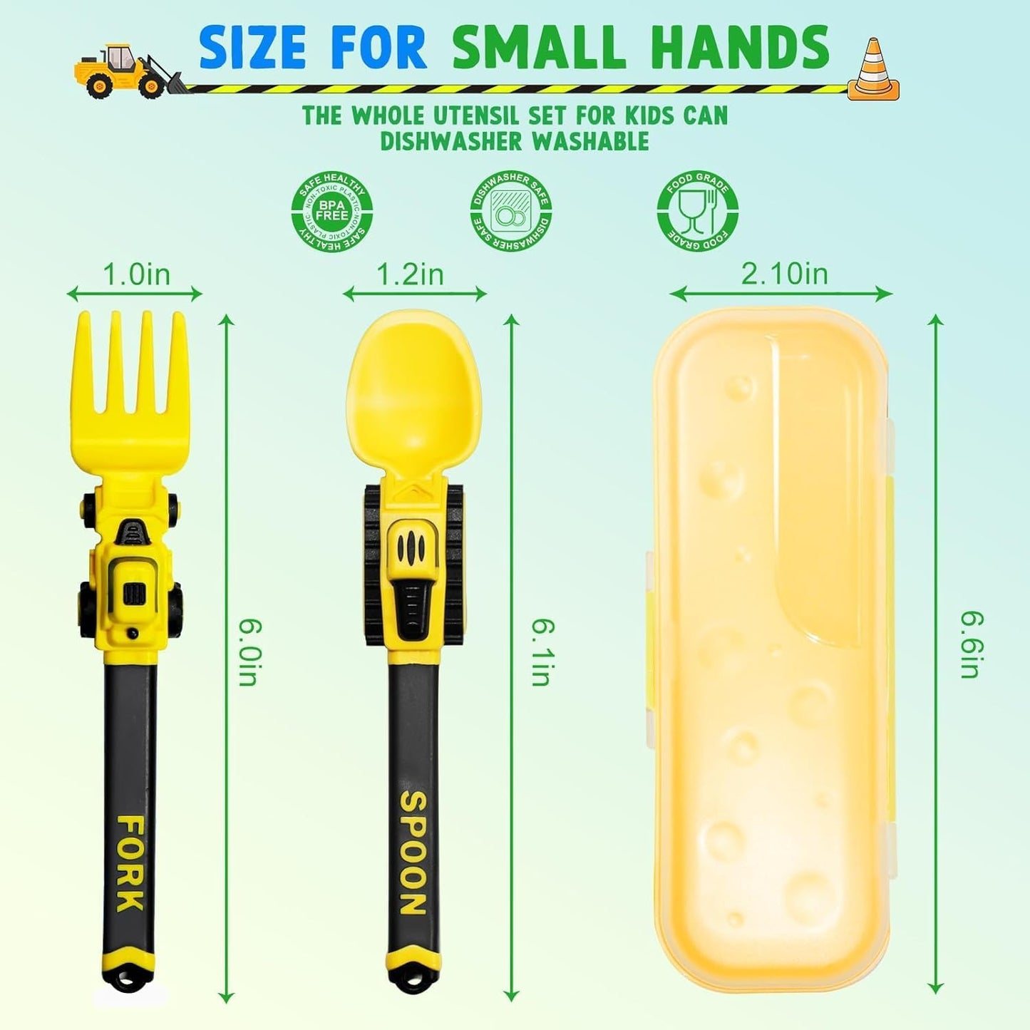Deinyi Construction Toddler Utensils - Reusable Plastic Toddler Fork and Spoon & Storage Case - Suitable for Kids Utensils - Easter Gifts and Birthday Gifts for 1 2 3 4 5 6 7 year old, Yellow