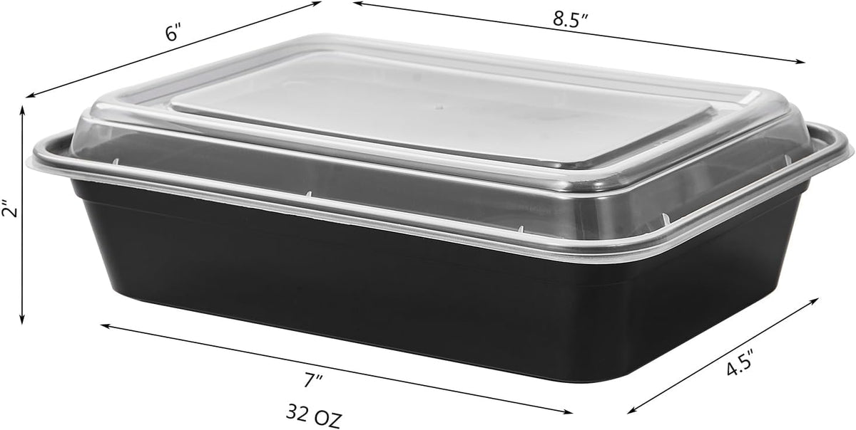 FULING 32 oz 50 ct Round Meal Prep Containers with Lids Plastic Food Storage Lunch Plan To Go Box Disposable Take Out Bowls Black BPA Free Reusable Durable Stackable Microwave Freezer Dishwasher Safe