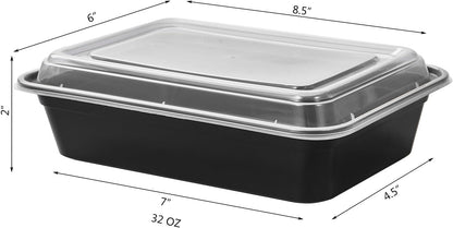 FULING 32 oz 50 ct Round Meal Prep Containers with Lids Plastic Food Storage Lunch Plan To Go Box Disposable Take Out Bowls Black BPA Free Reusable Durable Stackable Microwave Freezer Dishwasher Safe