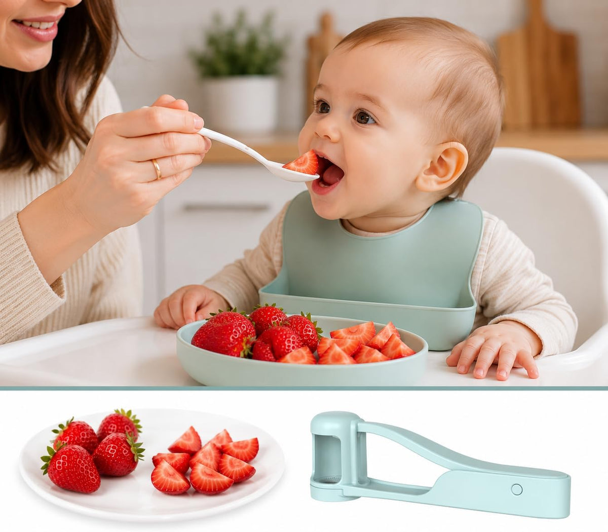 Grape Cutter Tool, Cherry Tomato Slicer & Small Fruit Quartering Tool, Stainless Steel Serrated Blades, One-Hand Kitchen Prep Gadget for Grapes, Olives, Salads & Snacks, Sky Blue