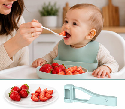 Grape Cutter Tool, Cherry Tomato Slicer & Small Fruit Quartering Tool, Stainless Steel Serrated Blades, One-Hand Kitchen Prep Gadget for Grapes, Olives, Salads & Snacks, Sky Blue