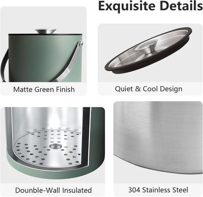 Bakpoco Insulated Ice Bucket with Silicone Lid, Scoop, Tongs & Strainer, 3L Stainless Steel Double Wall Ice Buckets for Parties & Cocktail Bar, Champagne Ice Bucket with Lid for Freezer, Ivory