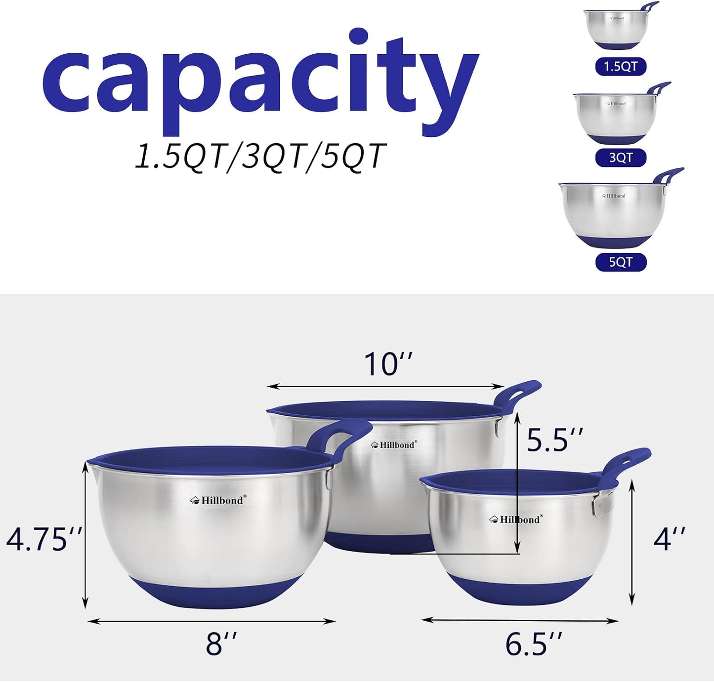 Hillbond Stainless Steel Bowls with Lids Set Mixing Bowls with Pour Spout, Silicone Handle and Non-Slip Bottoms for Baking, Metal Bowls Mixing Dishwasher Safe, Set of 3, Mother’s Day Gift (Black)