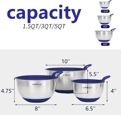 Hillbond Stainless Steel Bowls with Lids Set Mixing Bowls with Pour Spout, Silicone Handle and Non-Slip Bottoms for Baking, Metal Bowls Mixing Dishwasher Safe, Set of 3, Mother’s Day Gift (Black)