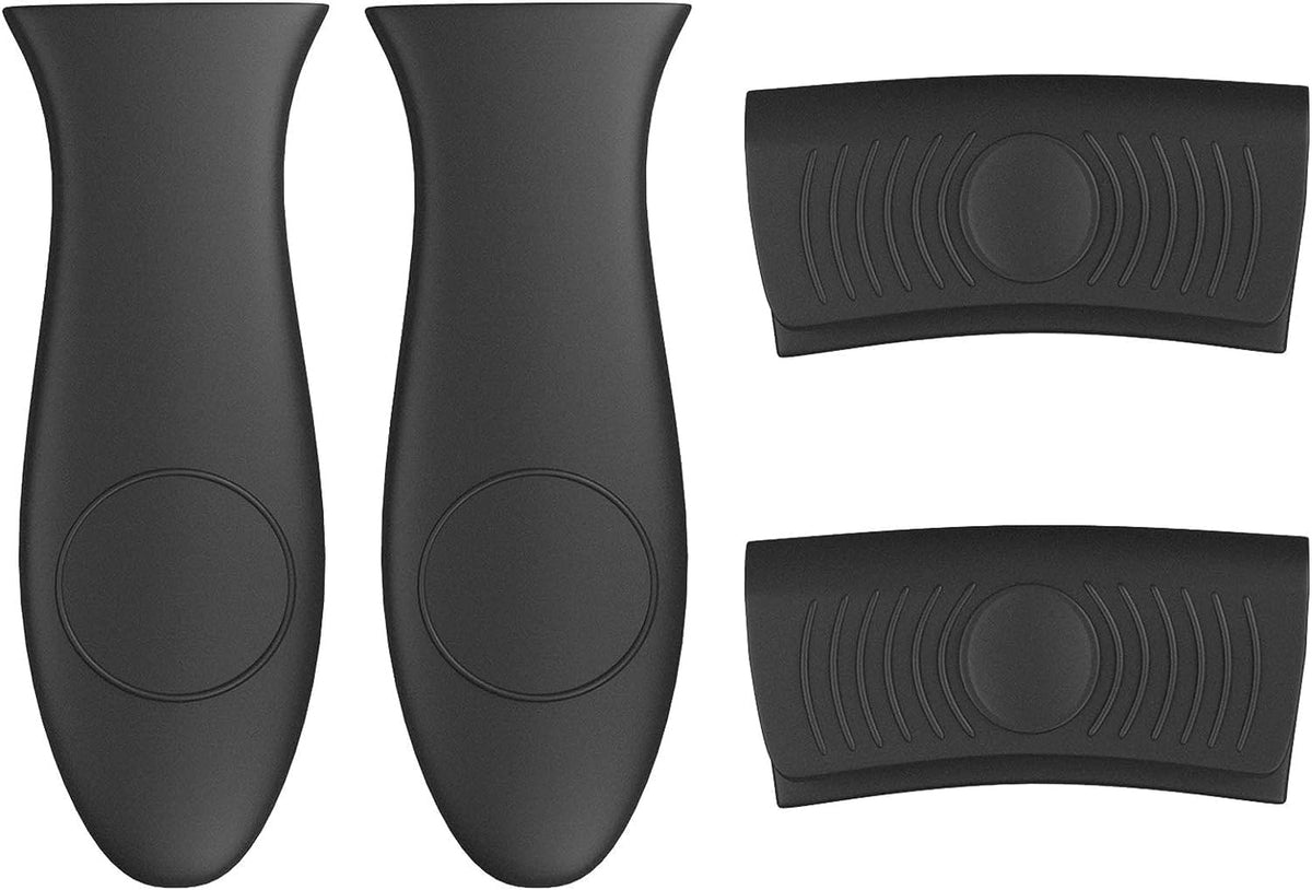 4 Pack Silicone Hot Skillet Handle Holder and Pot Holders Cover Sleeve, Heat Resistant Cast Iron Potholder Protectors Grip, Anti-Spill Non-Slip Cookware Handles for Pans,Oven (Black)