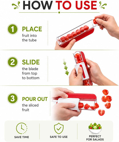 Tomato Slicer & Grape Cutter for Cherry Tomatoes – Safe Fruit Cutter with Hidden Stainless Steel Blade, Easy Push Small Fruit Slicer for Grapes, Strawberries & Snacks, Dishwasher Safe, Red