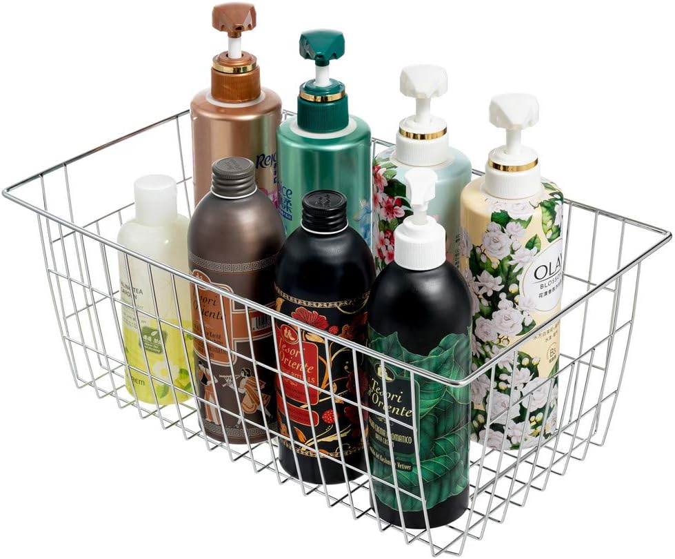 SANNO Freezer Baskets for Storage Pantry Large Metal Wire Food Storage Organizer Bin Basket with Handles - for Kitchen Cabinets, Pantry, Bathroom, Laundry Room, Closets, Garage - Chrome，2 pack