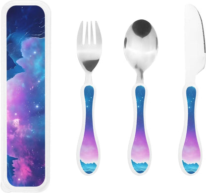3-Piece Kids Silverware Set With Storage Case, Stainless Steel Reusable Children Safe Knife Spoon Fork Set Parrots On Branches Children Flatware Set For Kids Lunch Box