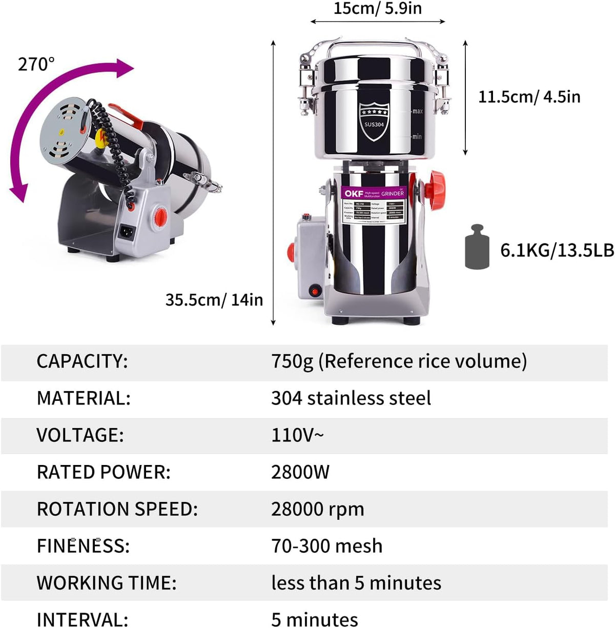 150g Grain Mill, 304 Stainless Steel Spice Grinder, 1500W High-speed Commercial Flour Mill, Superfine Flour Mill Grinder for Home, Grain Mill for Flour