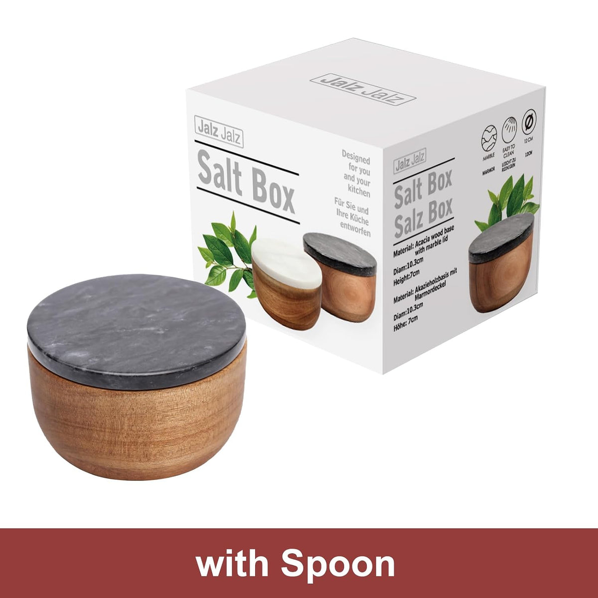 jalz jalz Acacia Wood Salt Cellar with white Marble Lid, 10oz Pinch Pot & Spoon