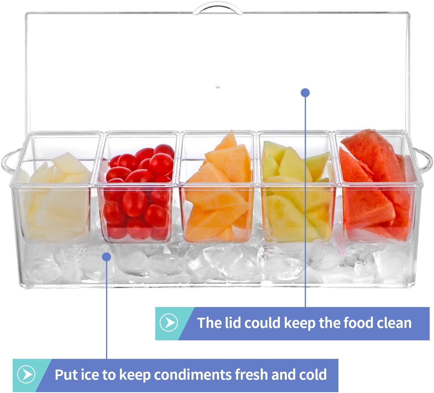 MOLIGOU Chilled Condiment Server, Stainless Steel Chilled Condiment Tray with Lid, Ice Fruit Serving Containers with 5 Removable Compartments