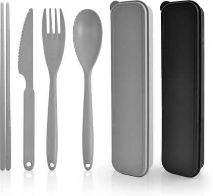 Large Plastic Reusable Utensils Set with Case, Travel Chopsticks Fork Spoon Knife Set for Lunch Box, Portable Cutlery Sets for Travel Camping Daily Use (2 Sets), Blue, Green