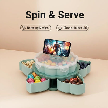 Divided Serving Tray that Spins - Perfect for Fruits Snacks, Dips & Party Appetizers, Rotating Snack Box Container with Phone Holder Lid, 2-Tier Lazy Susan Organizer Veggie Tray for Kitchen,Travel